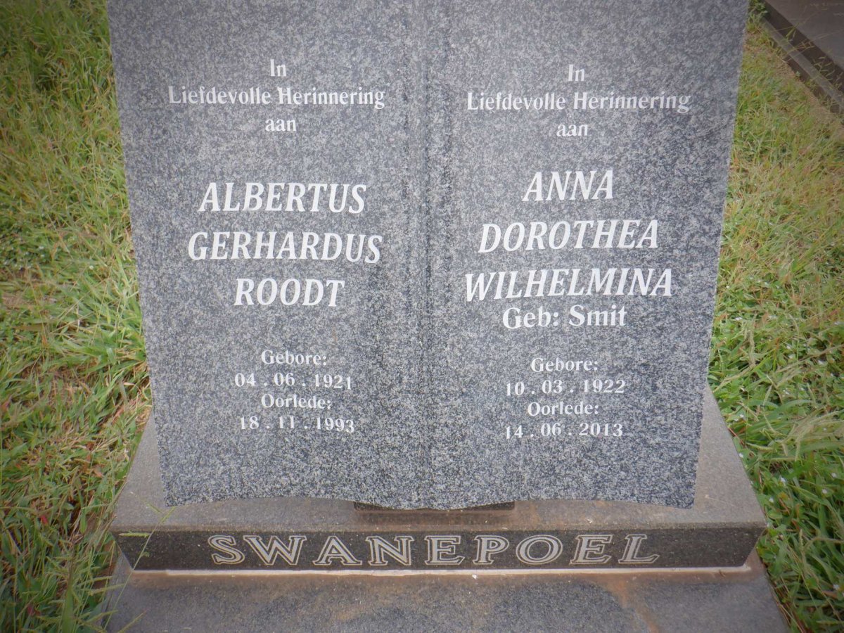 SWANEPOEL Albertus Gerhardus Roodt 1921-1993 &amp; Anna Dorothea Wilhelmina SMIT 1922-2013