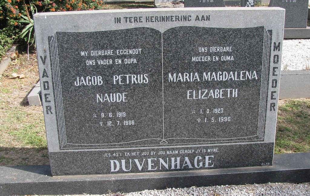 DUVENHAGE Jacob Petrus Naude 1919-1986 &amp; Maria  Magdalena Elizabeth 1923-1996