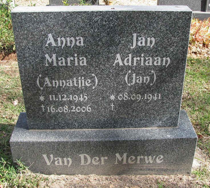 MERWE Jan Adriaan, van der 1941- &amp; Anna Maria 1945-2006