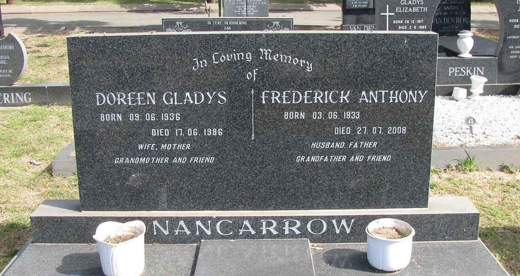 NANCARROW Frederick Anthony 1933-2008 &amp; Doreen Gladys 1936-1986 