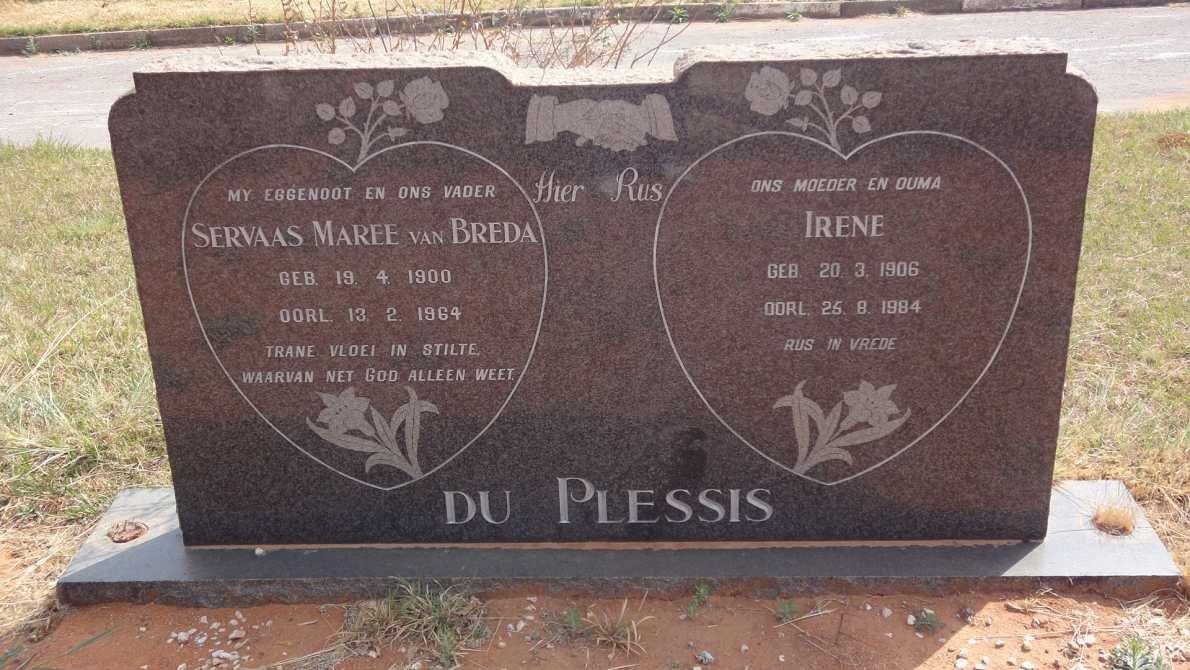 PLESSIS Servaas Mare van Breda, du 1900-1964 &amp; Irene 1906-1984