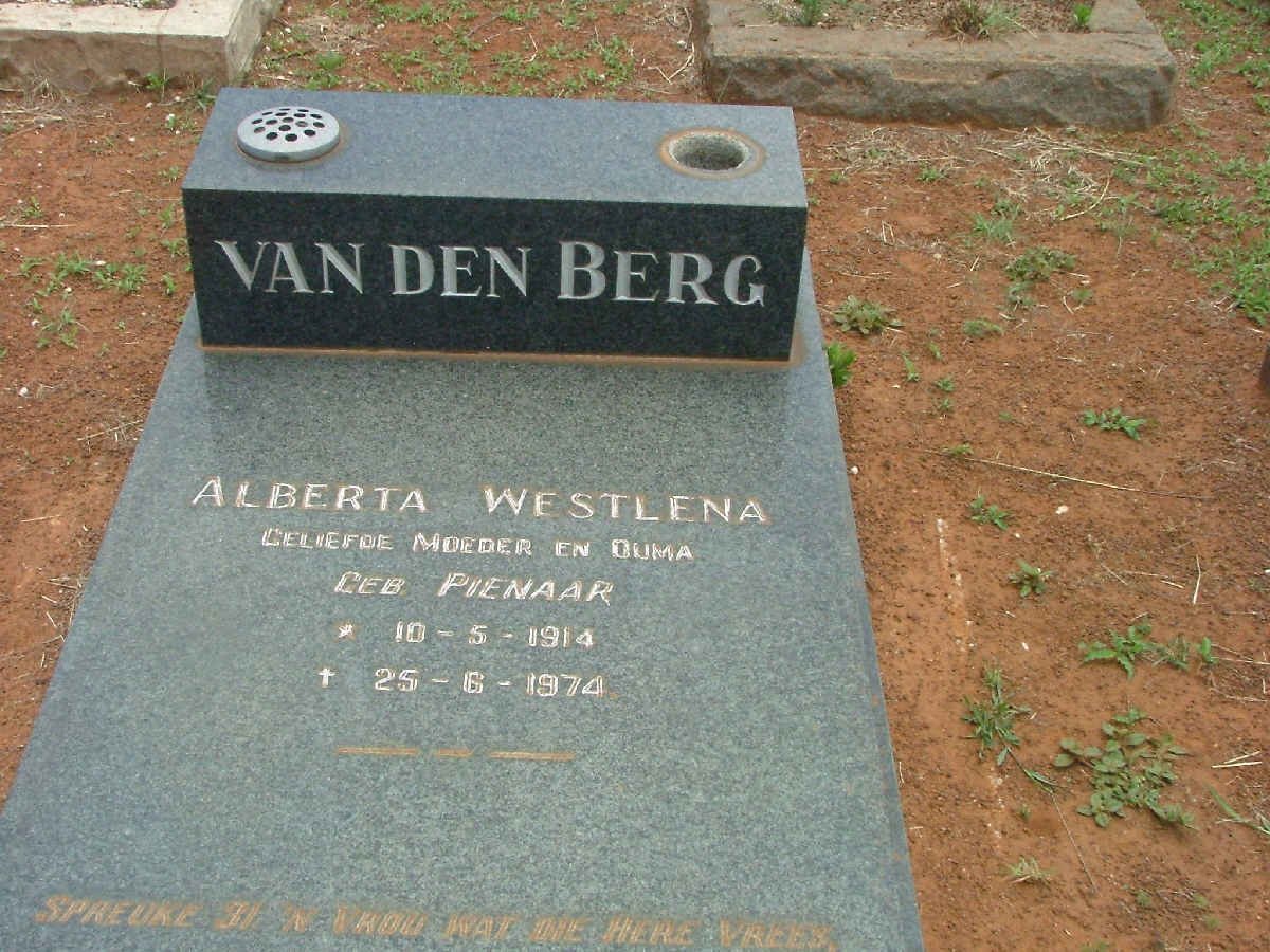BERG Alberta Westlena, van den nee PIENAAR 1914-1974