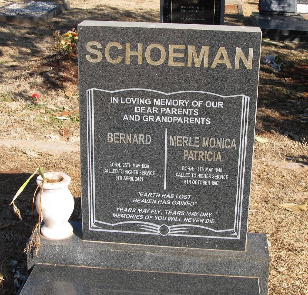 SCHOEMAN Bernard 1939-2001 &amp; Merle Monica Patricia 1940-1997