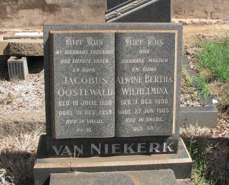 NIEKERK Jacobus Oostewald, van 1890-1959&amp; Alwine Bertha Wilhelmina 1890-1965