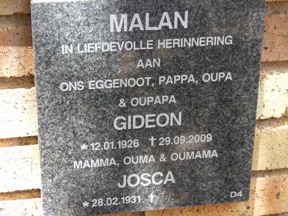 MALAN Gideon 1926-2009 &amp; Josca 1931-
