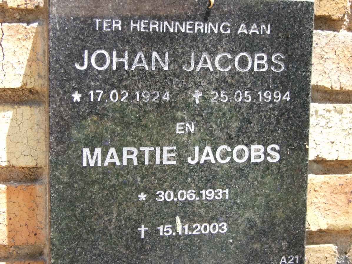 JACOBS Johan 1924-1994 &amp; Martie 1931-2003