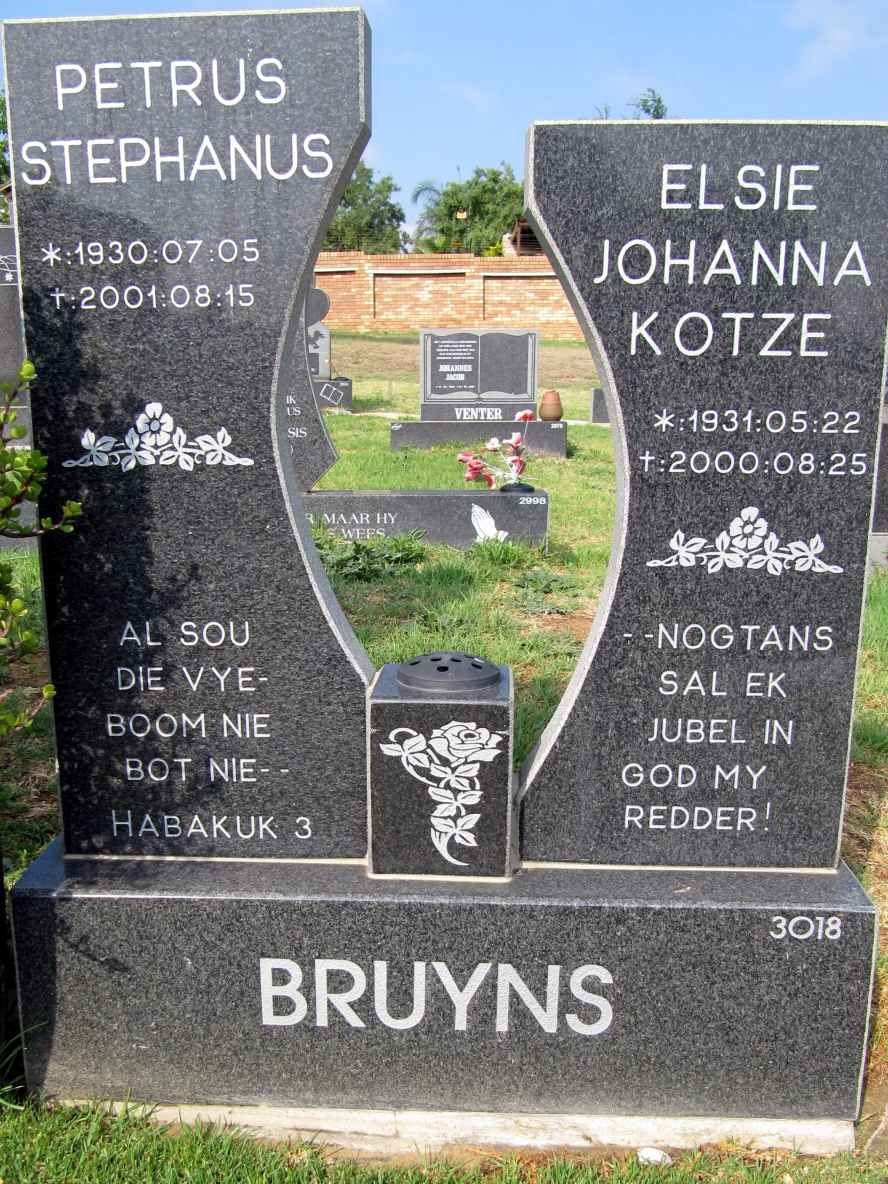 BRUYNS Petrus Stephanus 1930-2001 &amp; Elsie Johanna Kotze 1931-2000