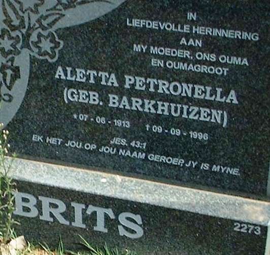 BRITS Aletta Petronella nee BARKHUIZEN 1913-1996