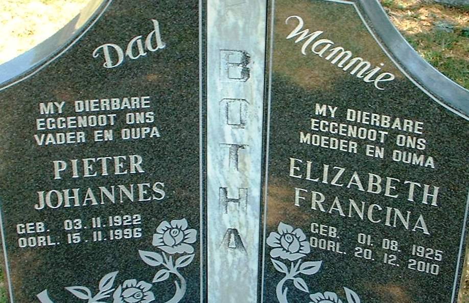 BOTHA Pieter Johannes 1922-1996 &amp; Elizabeth Francina 1925-2010