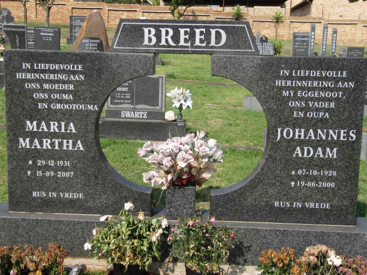 BREED Johannes Adam 1928-2000 &amp; Maria Martha 1931-2007