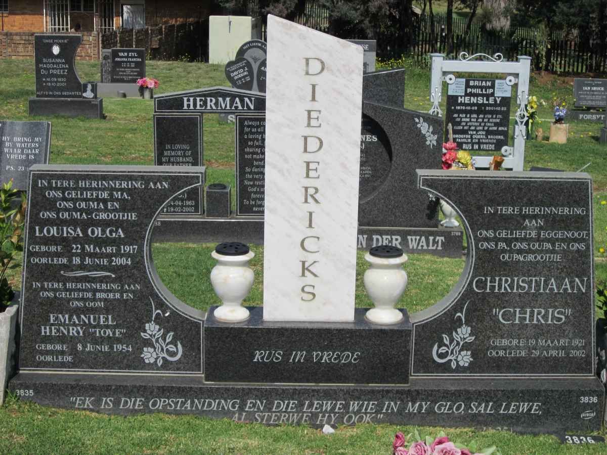 DIEDERICKS Christiaan 1921-2002 &amp; Louisa Olga 1917-2004 :: DIEDERICKS Emanuel Henry 1954-