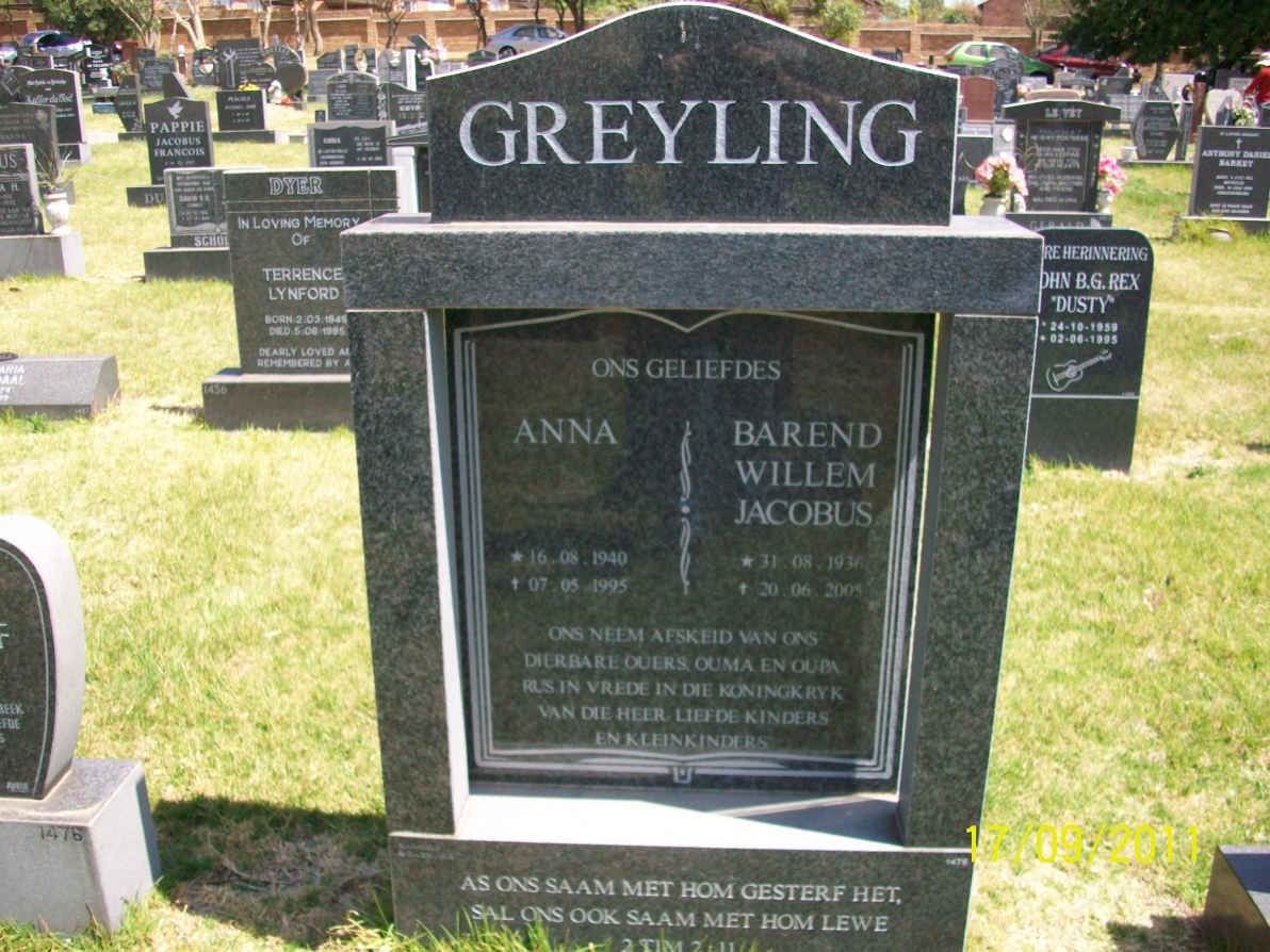 GREYLING Barend Willem Jacobus 1936-2005 &amp; Anna 1940-1995