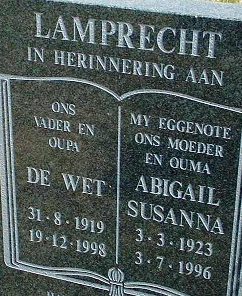 LAMPRECHT De Wet 1919-1998 &amp; Abigail Susanna 1923-1996