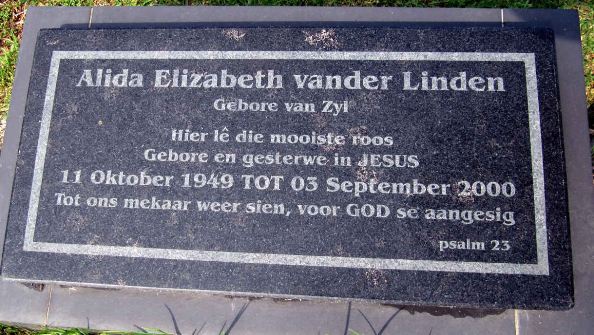 LINDEN Alida Elizabeth, van der nee VAN ZYL 1949-2000