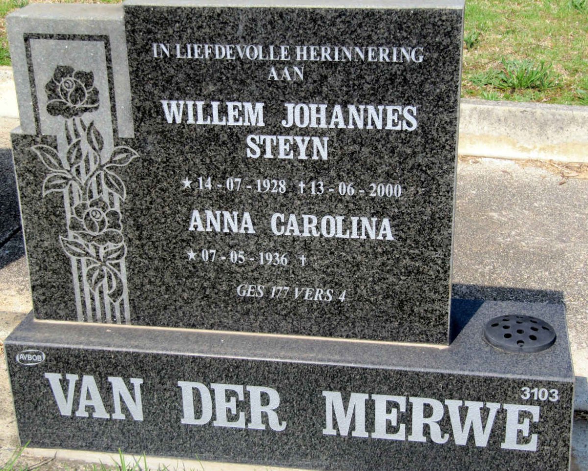 MERWE Willem Johannes Steyn, van der 1928-2000 &amp; Anna Carolina 1936-