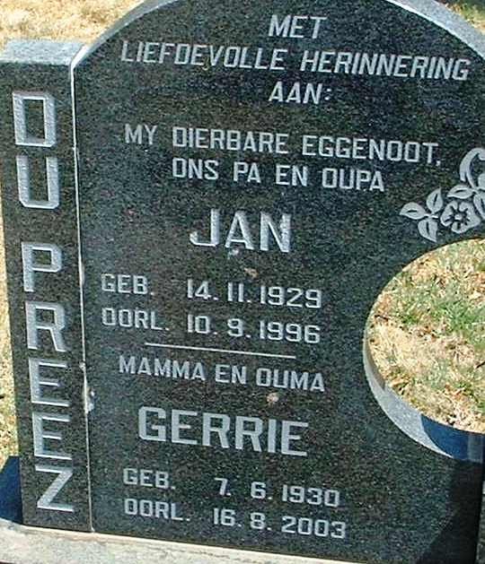 PREEZ Jan, du 1929-1996 &amp; Gerrie 1930-2003