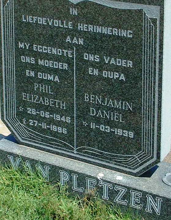 PLETZEN Benjamin Daniël, van 1939- &amp; Phil Elizabeth 1946-1996