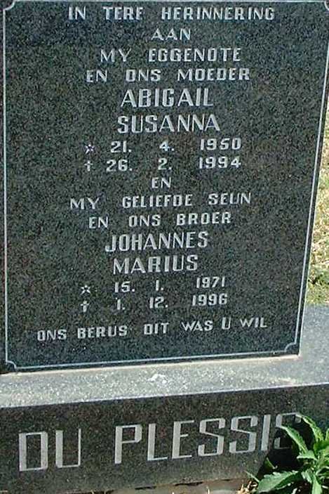 PLESSIS Abigail Susanna, du 1950-1994 :: DU PLESSIS Johannes Marius 1971-1996
