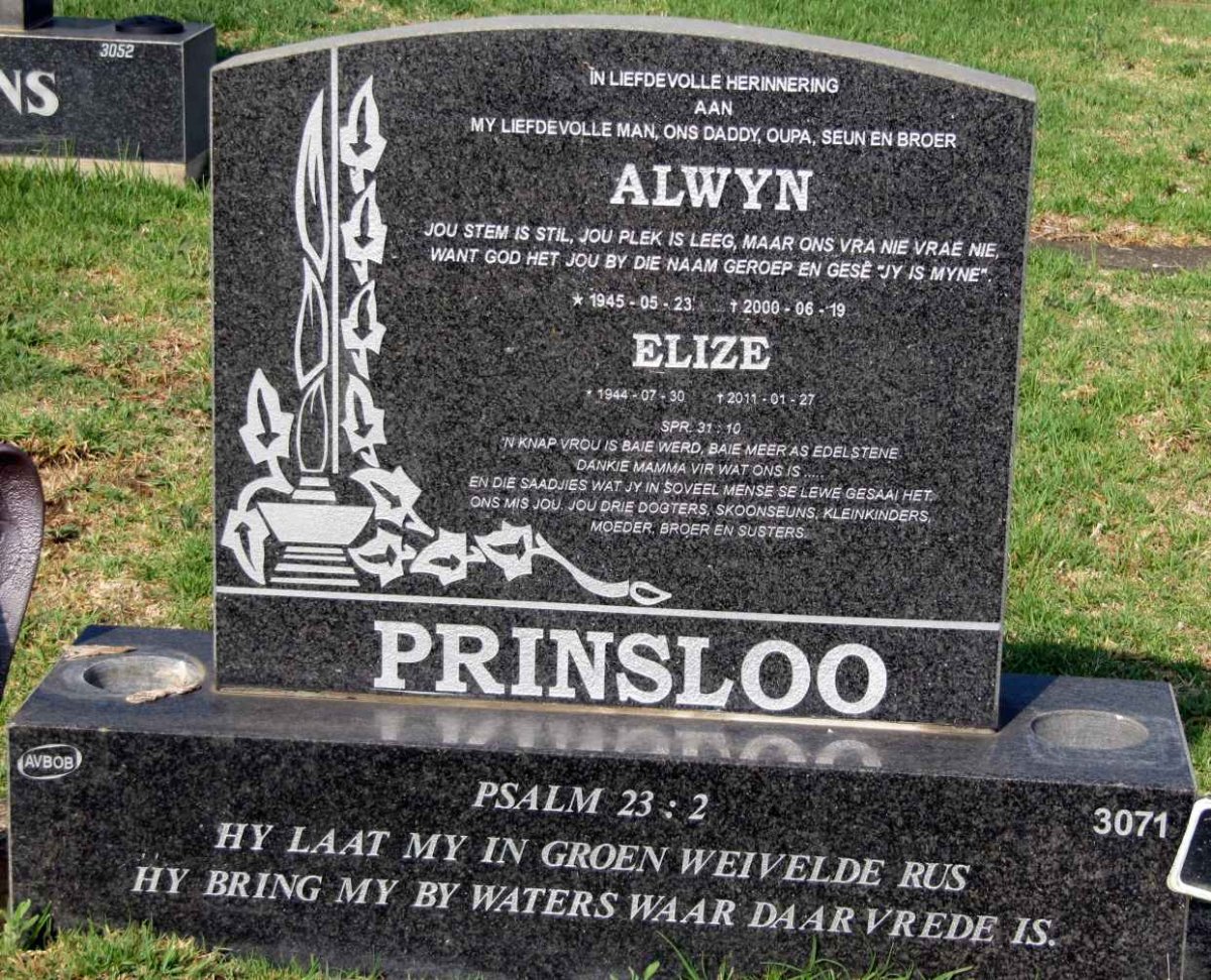 PRINSLOO Alwyn 1945-2000 &amp; Elize 1944-2011