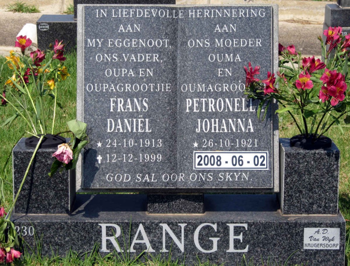 RANGE Frans Daniël 1913-1999 &amp; Petronella Johanna 1921-2008