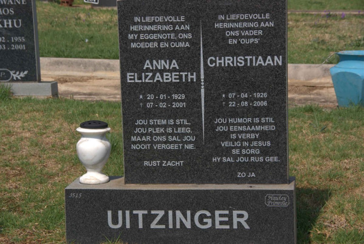 UITZINGER Christiaan 1926-2006 &amp; Anna Elizabeth 1929-2001