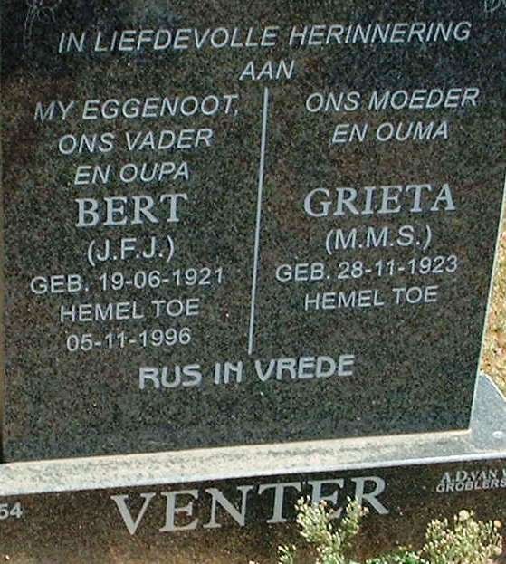 VENTER J.F.J. 1921-1996 &amp; M.M.S. 1923-