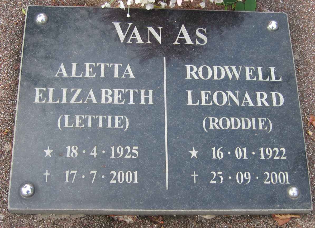 AS Rodwell Leonard, van 1922-2001 &amp; Aletta Elizabeth 1925-2001