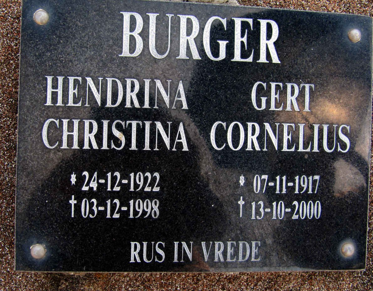 BURGER Gert Cornelius 1917-2000 &amp; Hendrina Christina 1922-1998