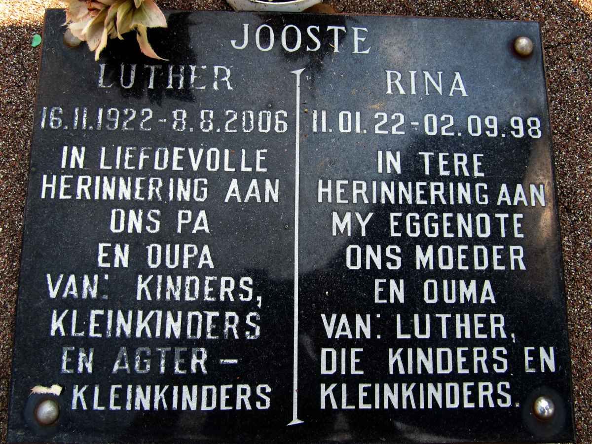 JOOSTE Luther 1922-2006 &amp; Rina 1922-1998