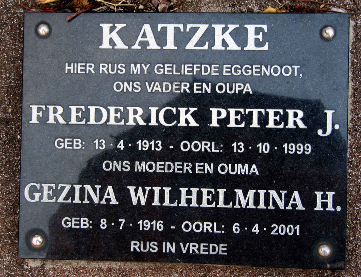 KATZKE Frederick Peter J. 1913-1999 &amp; Gezina Wilhelmina H. 1916-2001