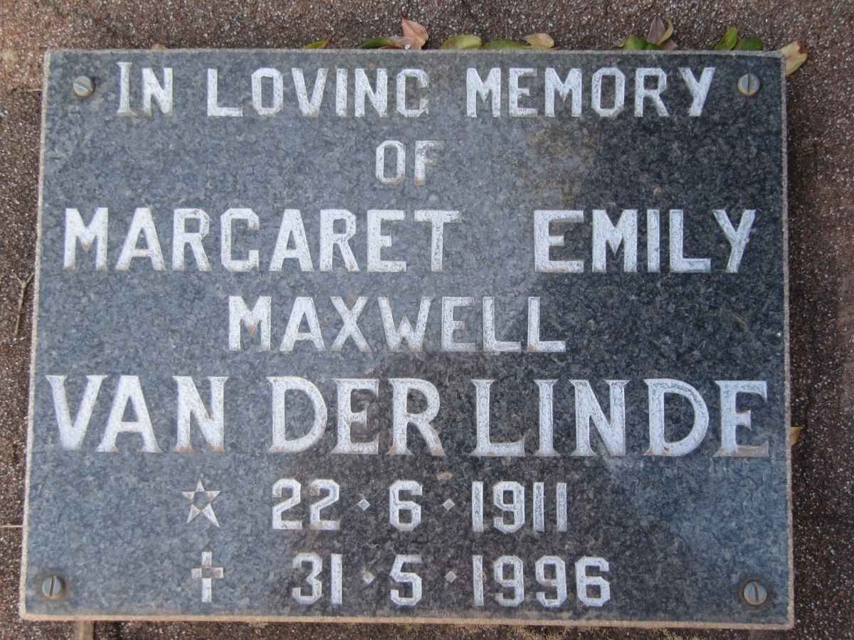 LINDE Margaret Emily Maxwell, van der 1911-1996