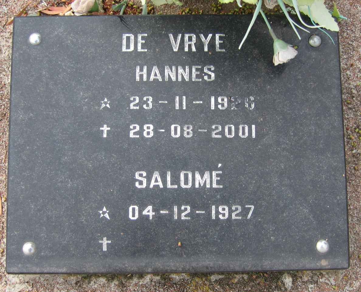 VRYE Hannes, de 1926-2001 &amp; Salomé 1927-