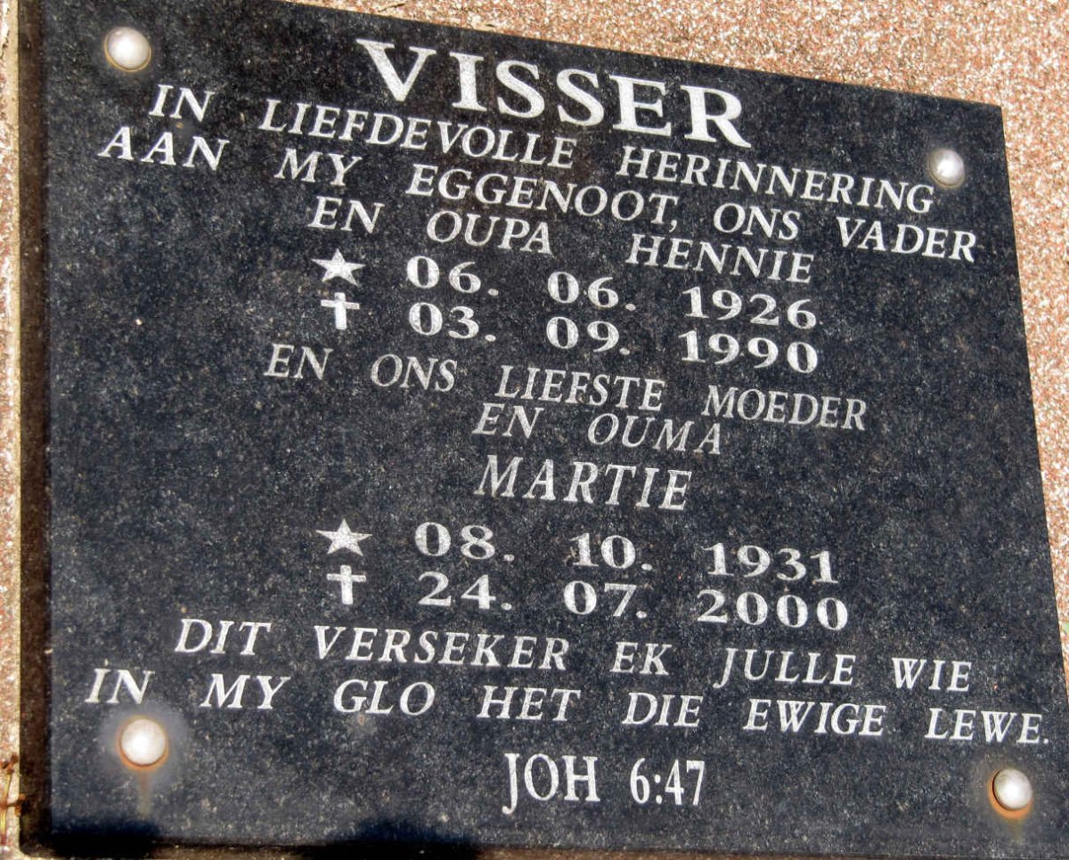 VISSER Hennie 1926-1990 &amp; Martie 1931-2000