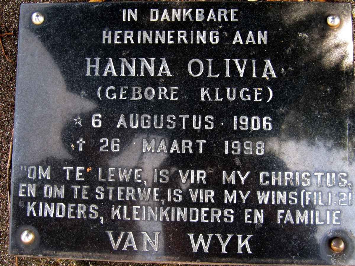 WYK Hanna Olivia, van nee KLUGE 1906-1998