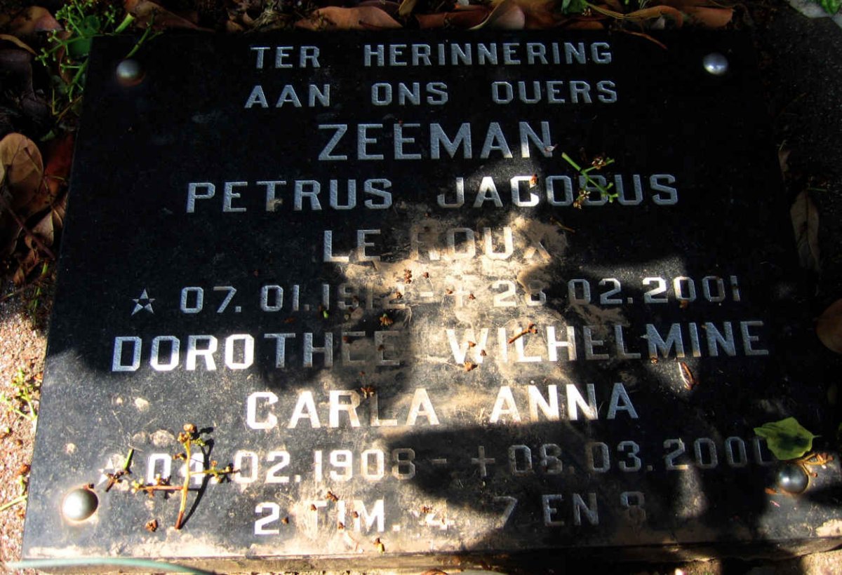 ZEEMAN Petrus Johannes Le Roux 1912-2001 &amp; Dorothee Wilhelmine Carla Anna 1908-2000