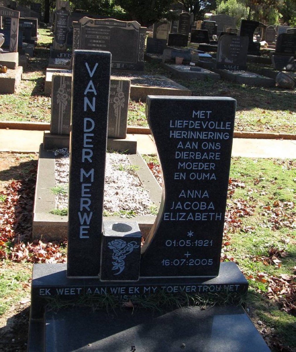 MERWE Anna Jacoba Elizabeth, van der 1921-2005