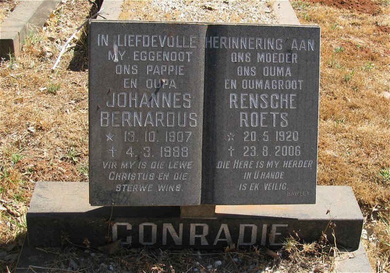 CONRADIE Johannes Gerhardus 1807-1988 &amp; Rensche ROETS 1920-2006