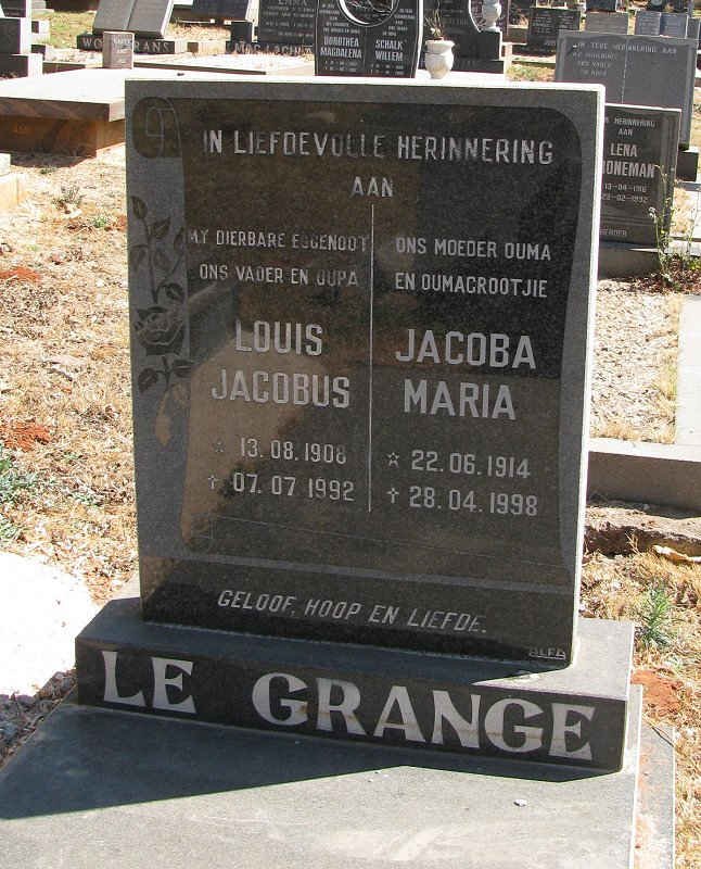 GRANGE Louis Jacobus, le 1908-1992 &amp; Jacoba Maria 1914-1998