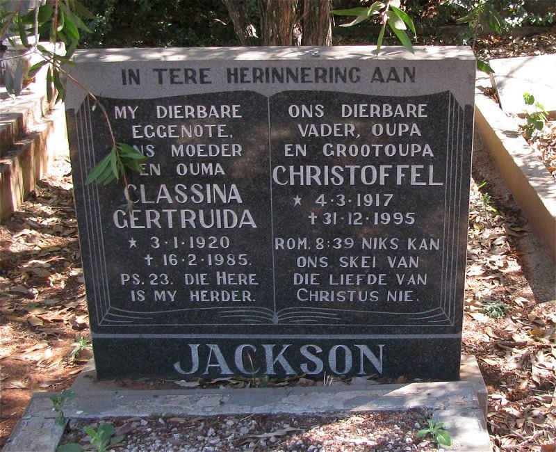 JACKSON Christoffel 1917-1995 &amp; Classina Gertruida 1920-1985