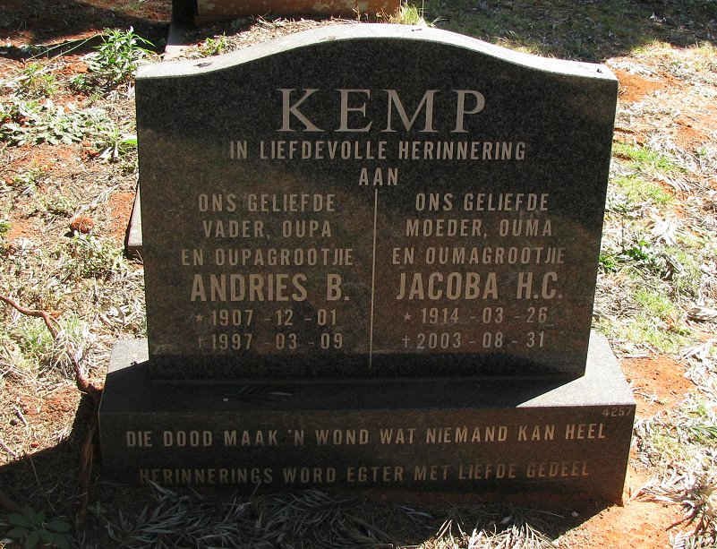 KEMP Andries B. 1907-1997 &amp; Jacoba H.C. 1914-2003