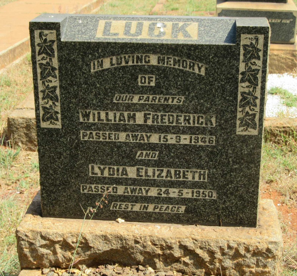 LUCK William Frederick -1946 &amp; Lydia Elizabeth -1950