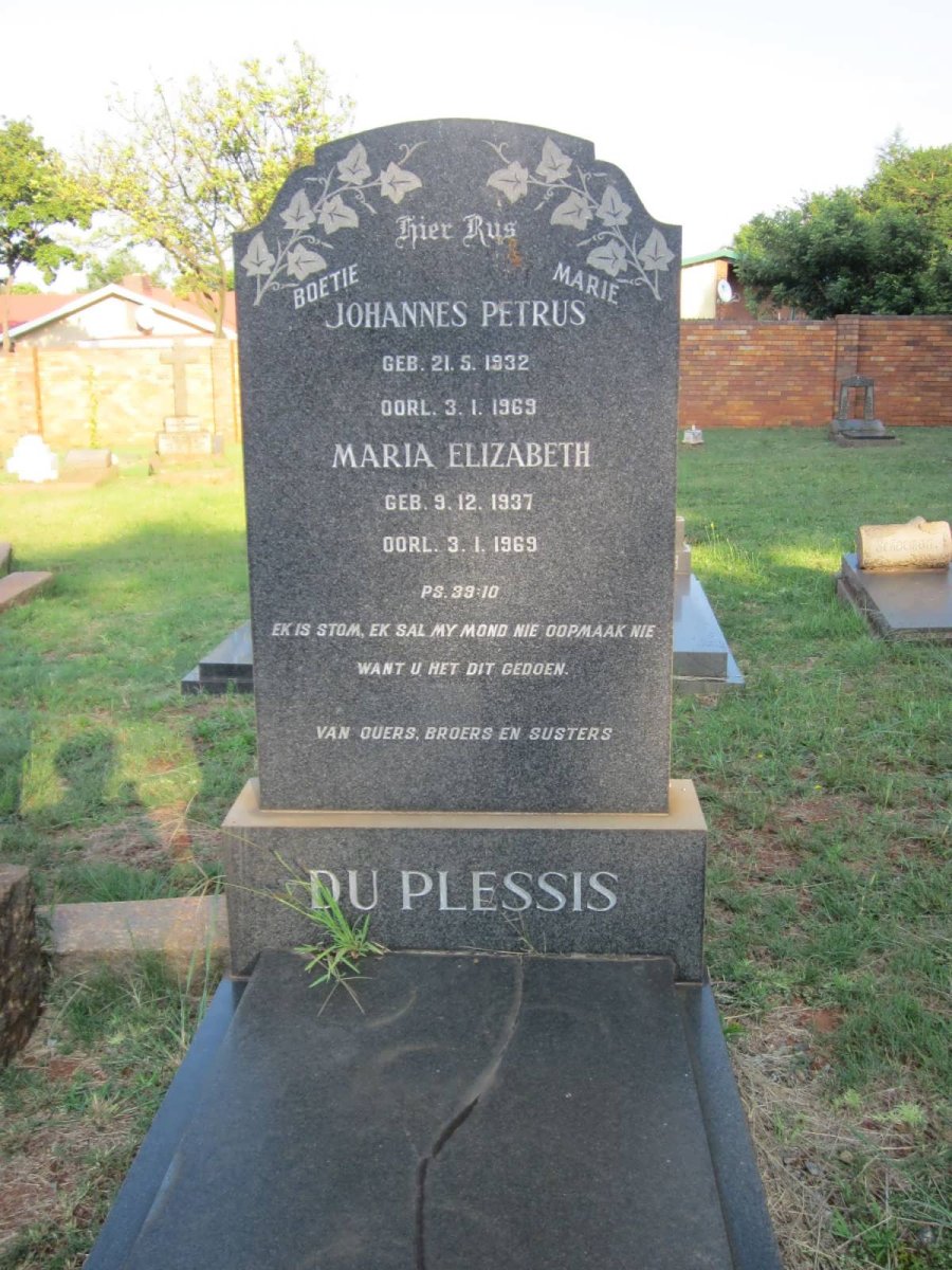 PLESSIS Johannes Petrus, du 1932-1969 &amp; Maria Elizabeth 1937-1969