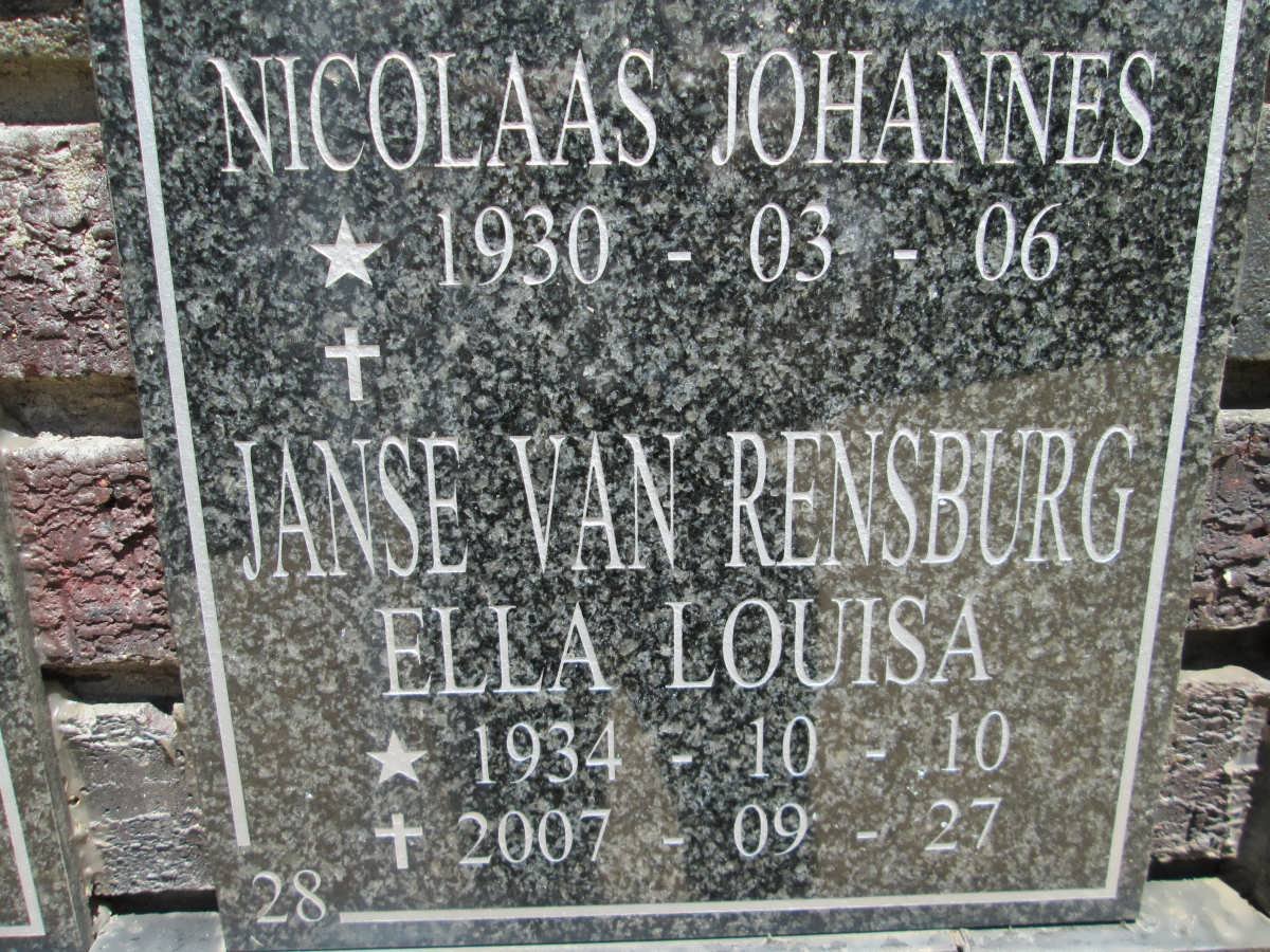 RENSBURG Nicolaas Johannes, Janse van 1930- &amp; Ella Louisa 1934-2007