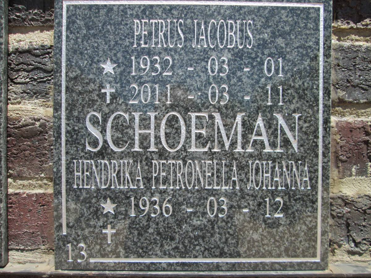 SCHOEMAN Petrus Jacobus 1932-2011 &amp; Hendrika Petronella Johanna 1936-