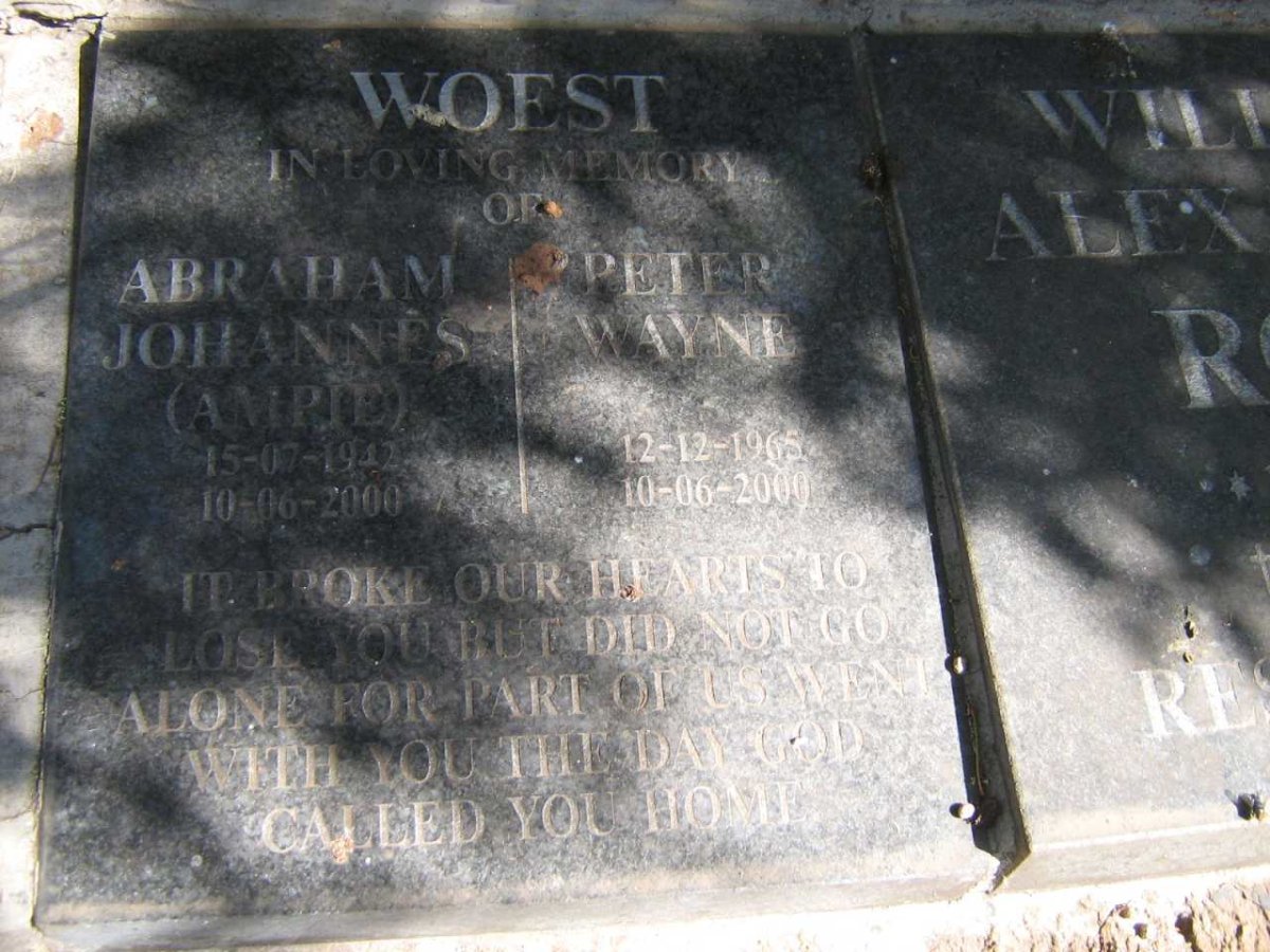 WOEST Abraham Johannes 1942-2000 :: WOEST Peter Wayne 1965-2000