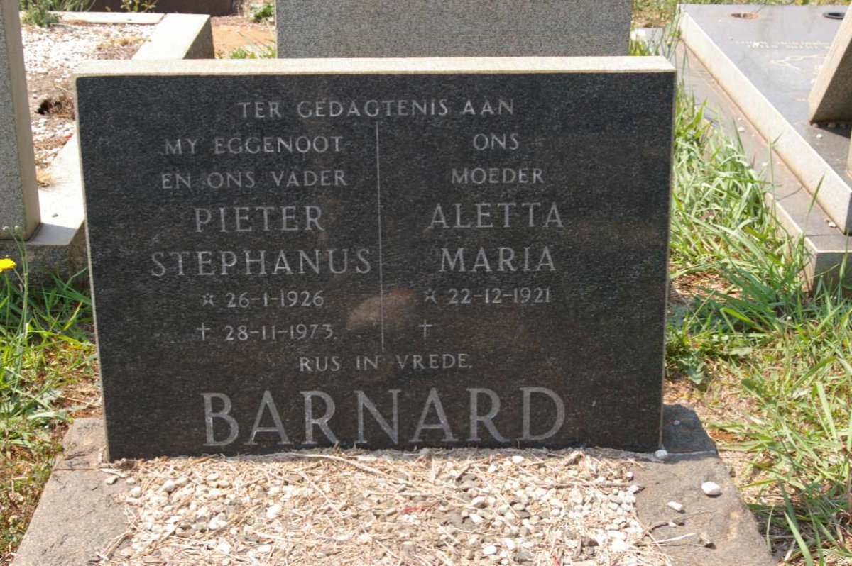 BARNARD Pieter Stephanus 1926-1973 &amp; Aletta Maria 1921-