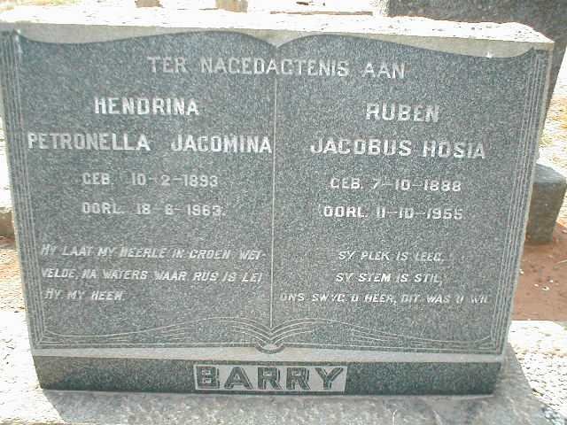 BARRY Ruben Jacobus Hosia 1888-1955 &amp; Hendrina Petronella Jacomina 1893-1963