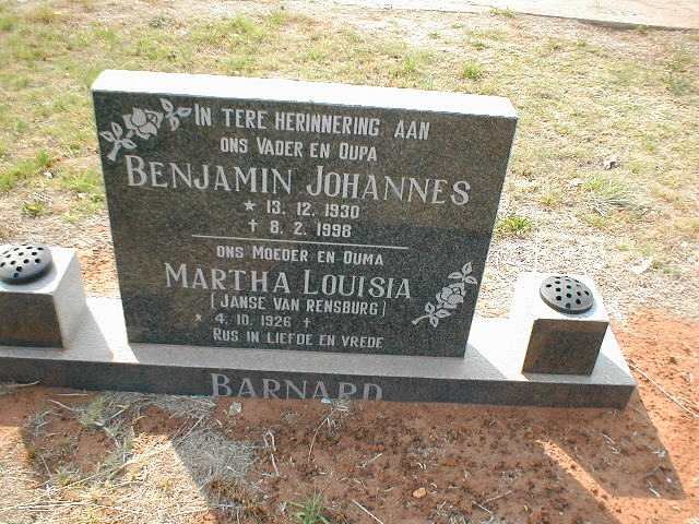 BARNARD Benjamin Johannes 1930-1998 &amp; Martha Louisia JANSE VAN RENSBURG 1926-