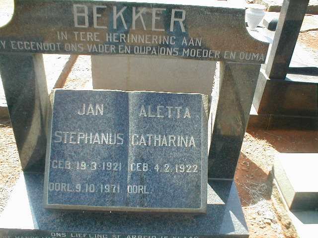 BEKKER Jan Stephanus 1921-1971 &amp; Aletta Catharina 1922-