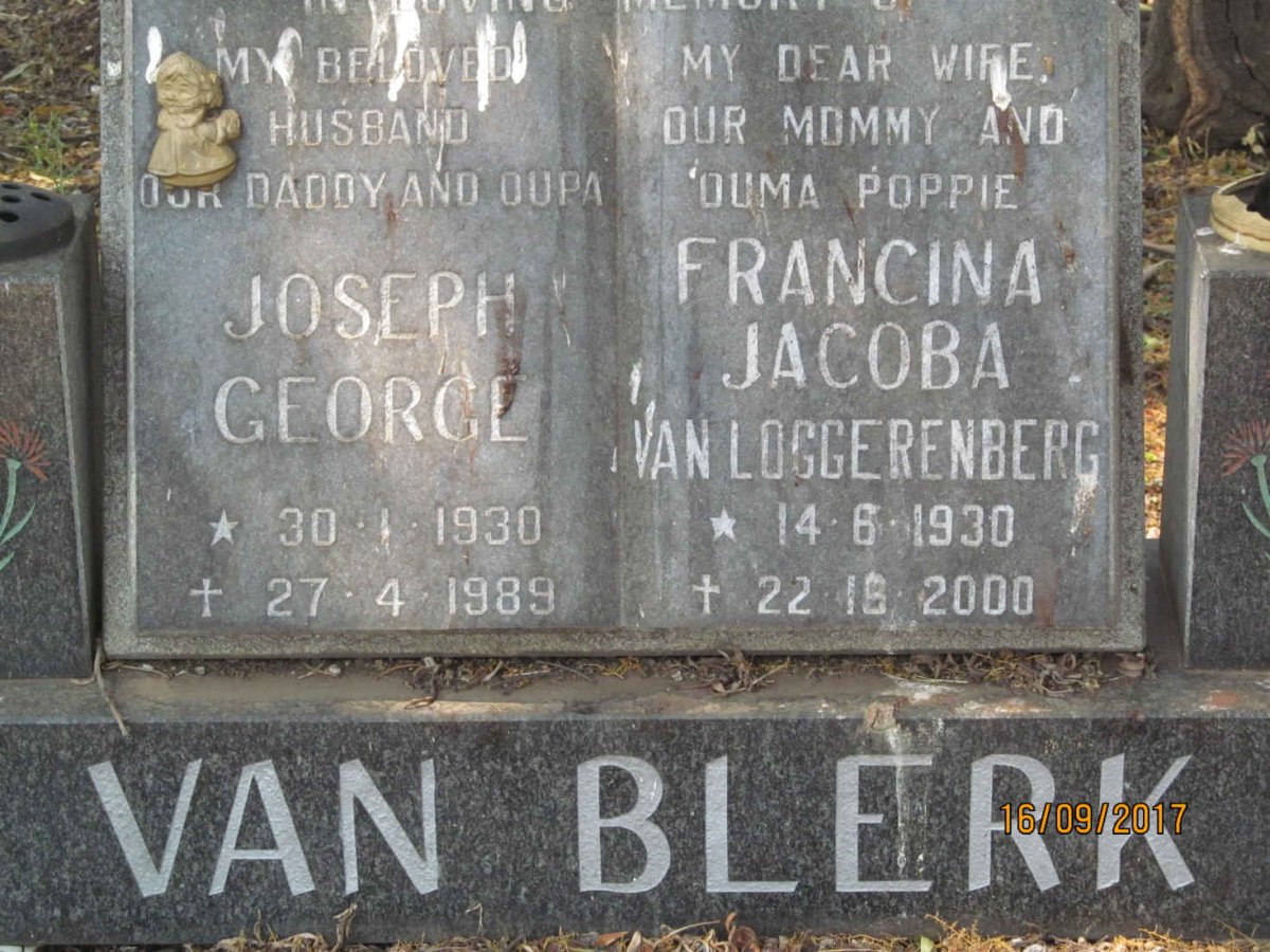 BLERK Joseph George, van 1930-1989 &amp; Francina Jacoba VAN LOGGERENBERG 1930-2000